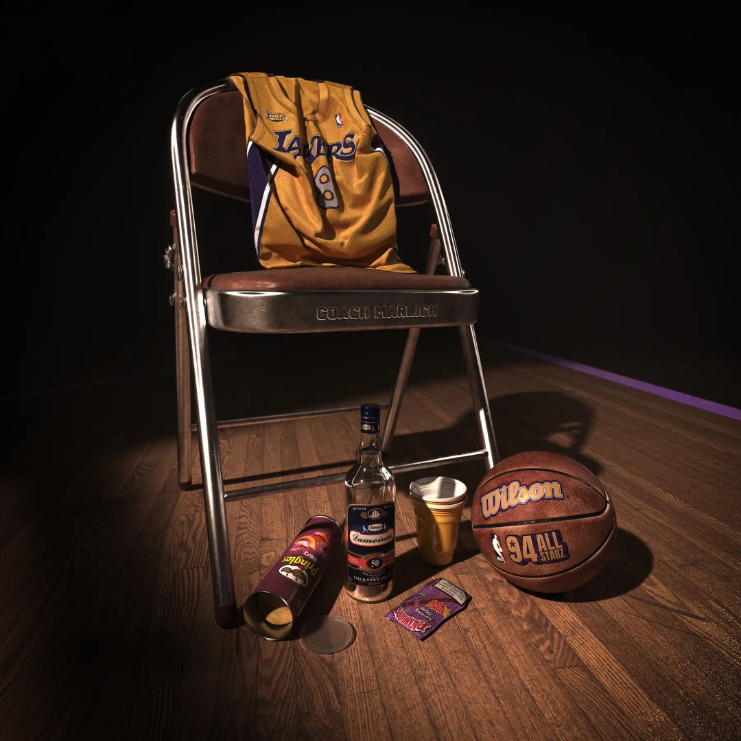 3D still life: Lakers jersey on a folding chair, Wilson basketball, bottle and cans on a wooden court floor