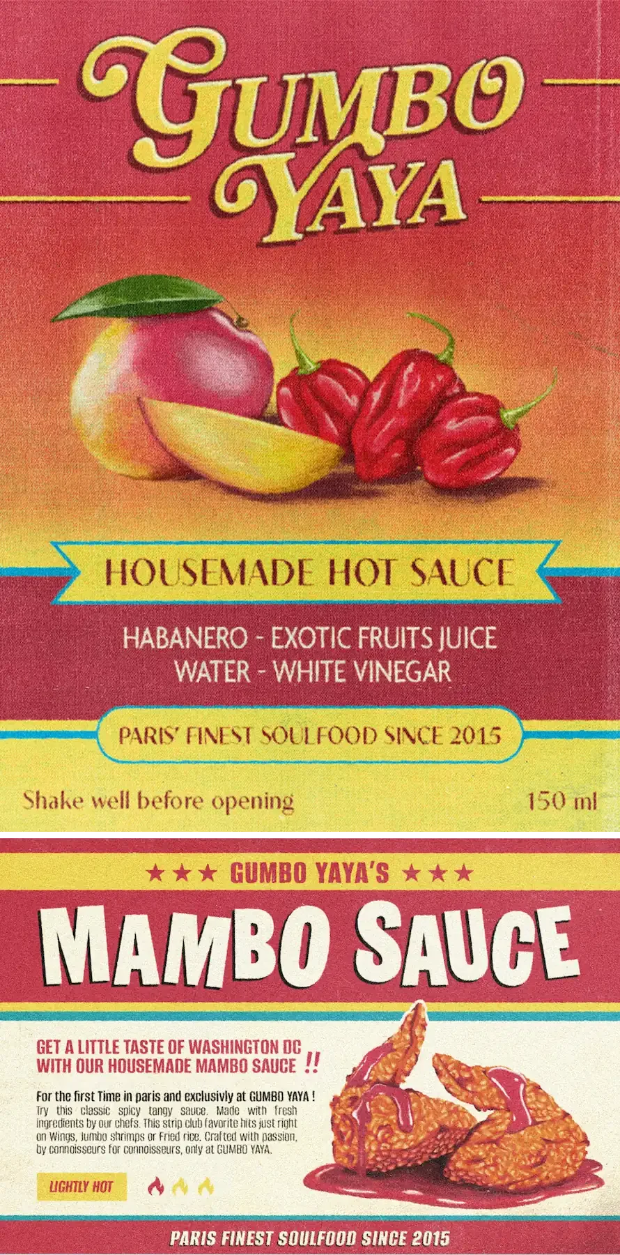 Gumbo Yaya labels: habanero hot sauce with mango and peppers, and Mambo Sauce with fried wings