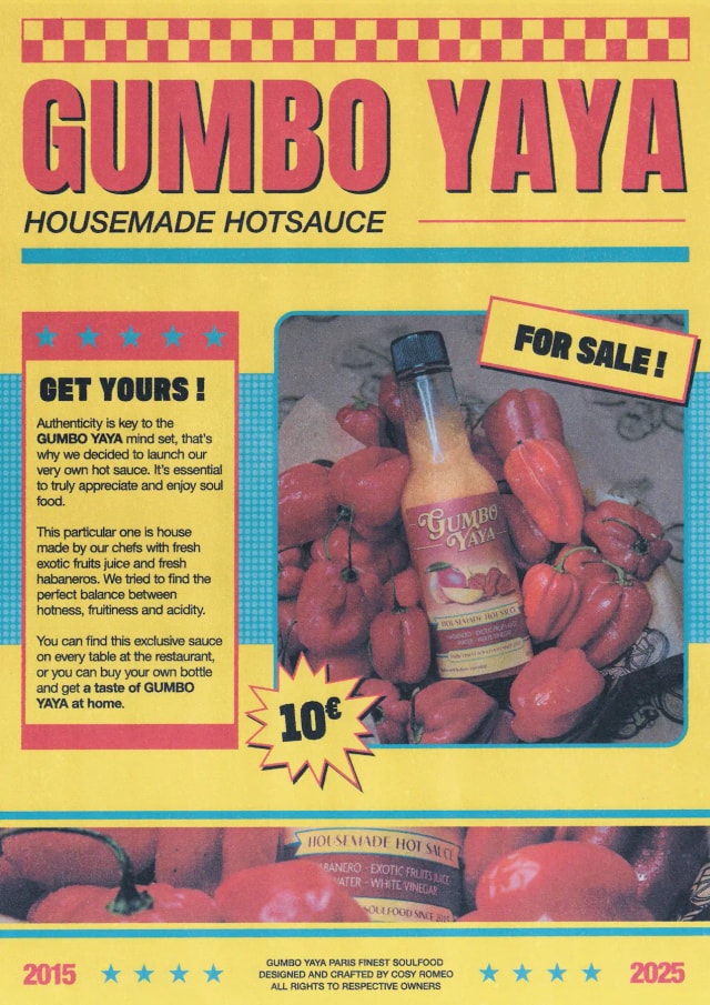 Gumbo Yaya housemade hot sauce poster: the bottle among red habaneros, for sale at 10 euros