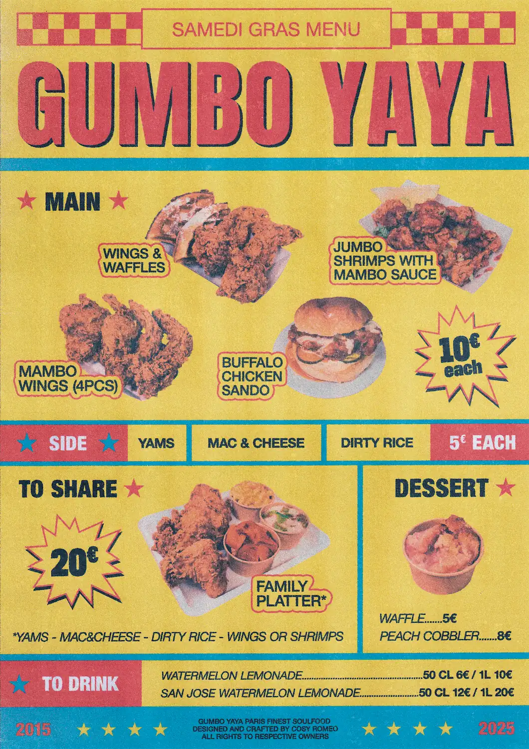 Gumbo Yaya Samedi Gras menu poster: fried chicken, shrimps and sides on a yellow and red retro layout