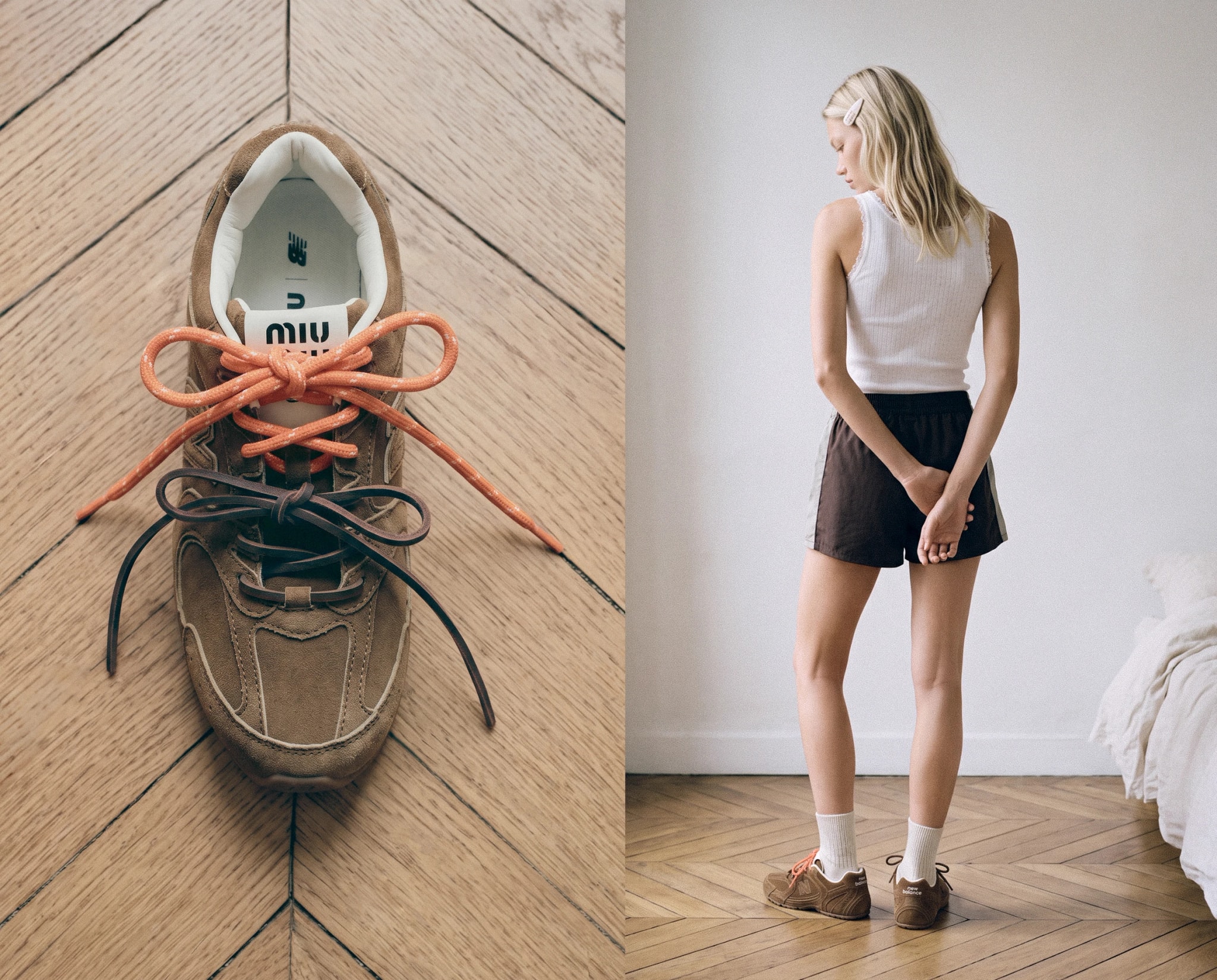 Diptych: the Miu Miu x New Balance sneaker from above and the model seen from behind