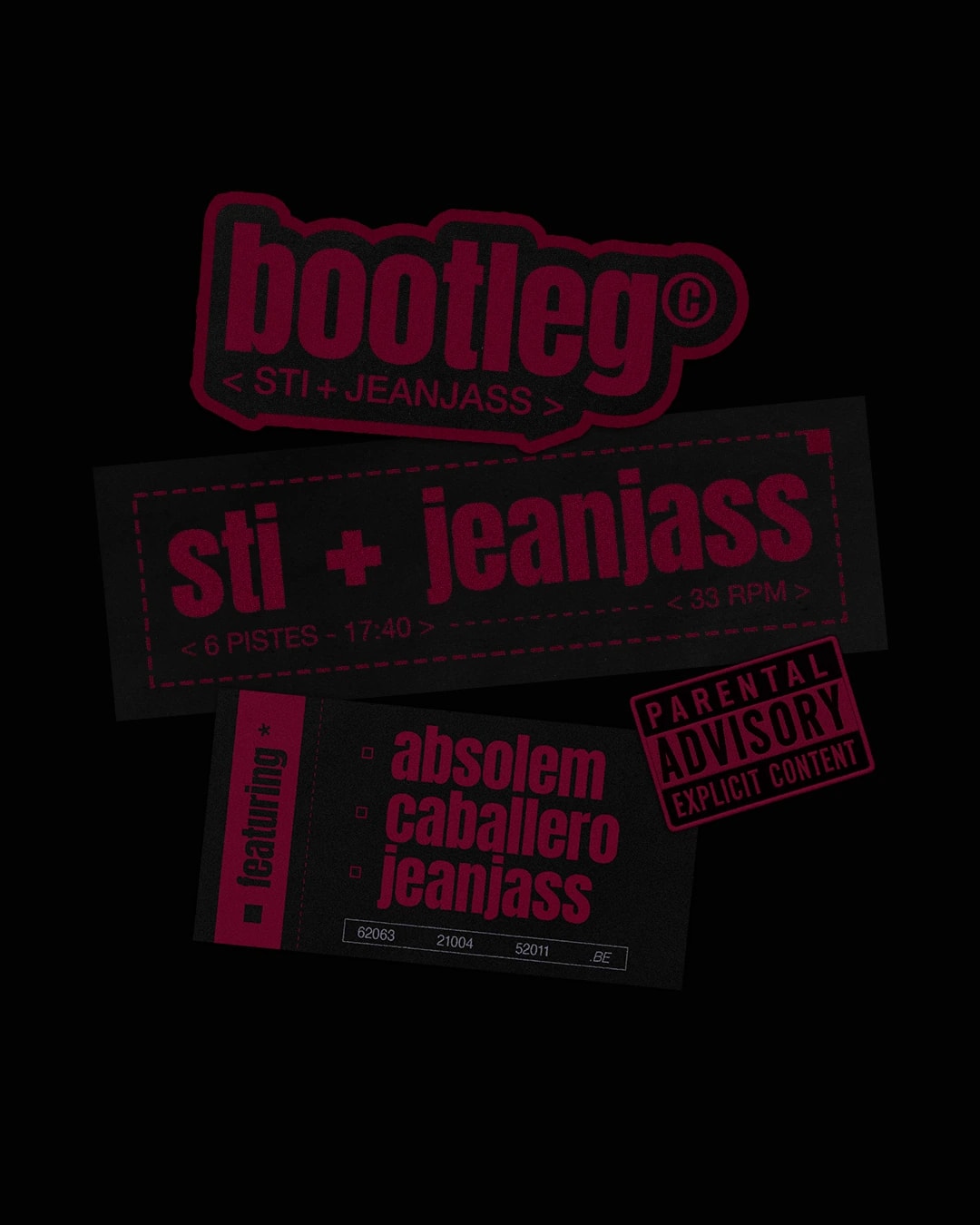 Bootleg EP typographic visual: red stickers with the title, the artists and the featured guests on black