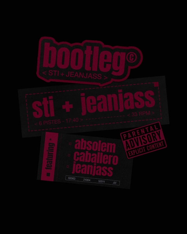 Bootleg EP typographic visual: red stickers with the title, the artists and the featured guests on black