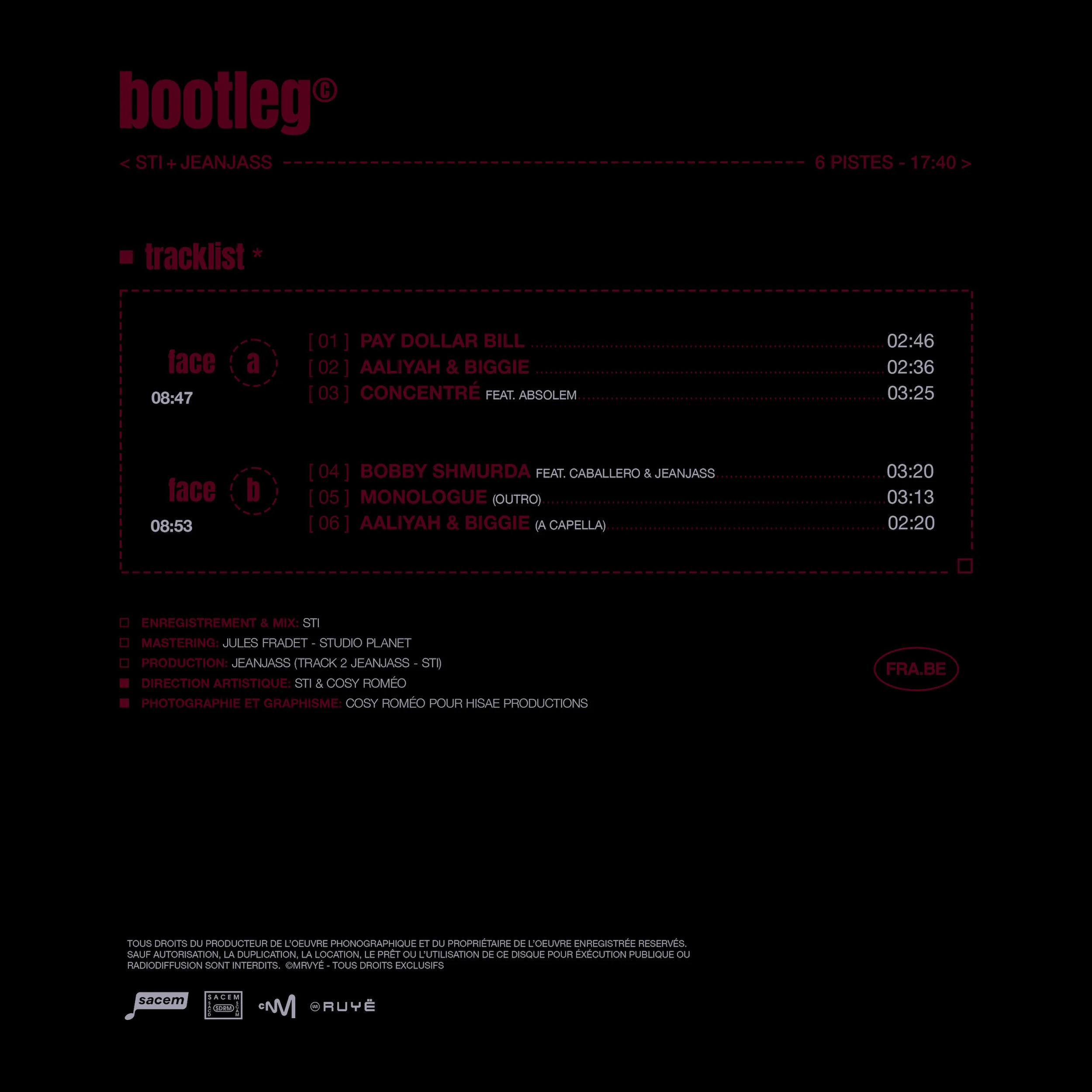 Bootleg EP back cover: red tracklist on black