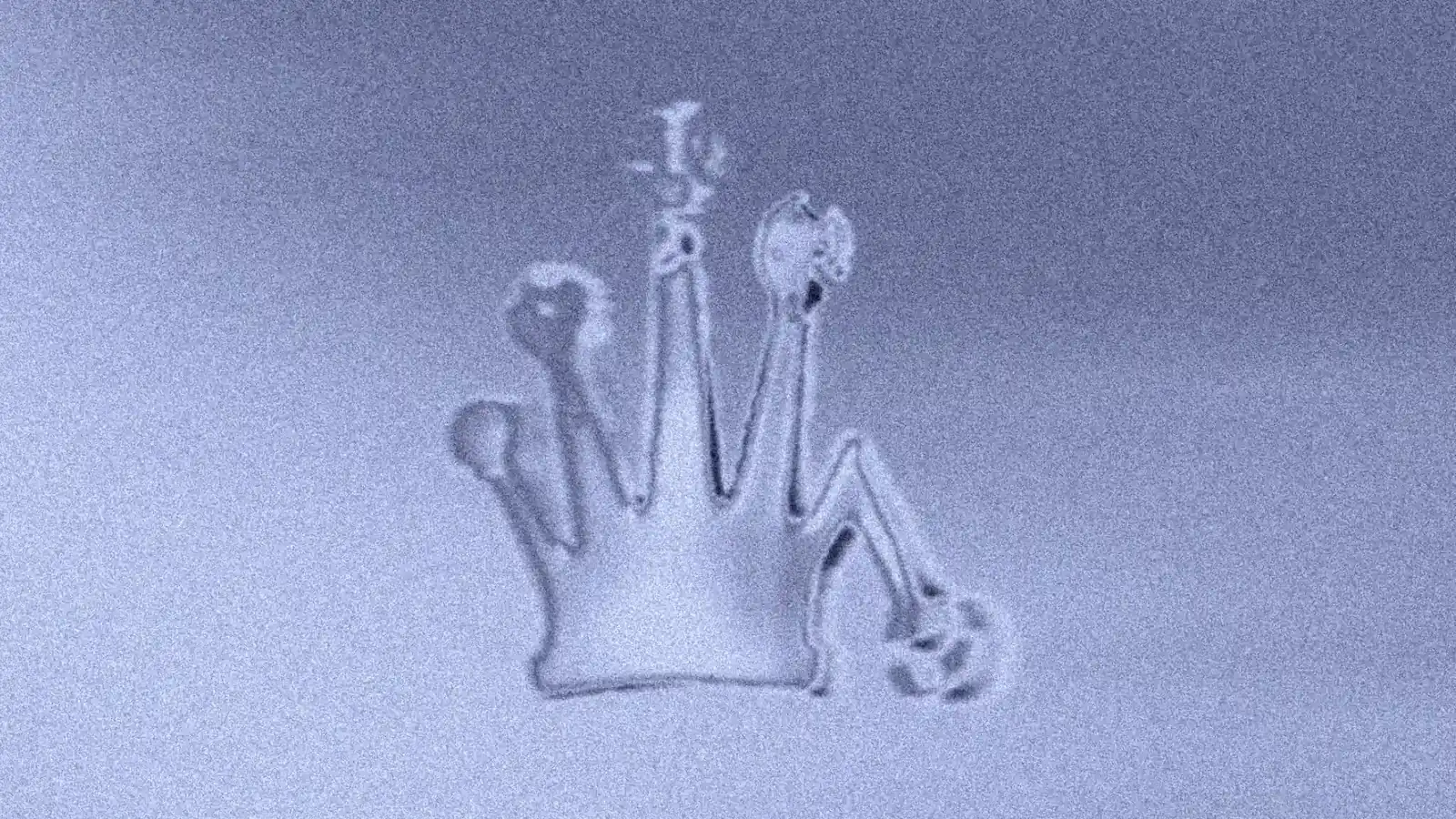 Stüssy crown and 8-ball embossed in a pale blue surface, still from the 3D film