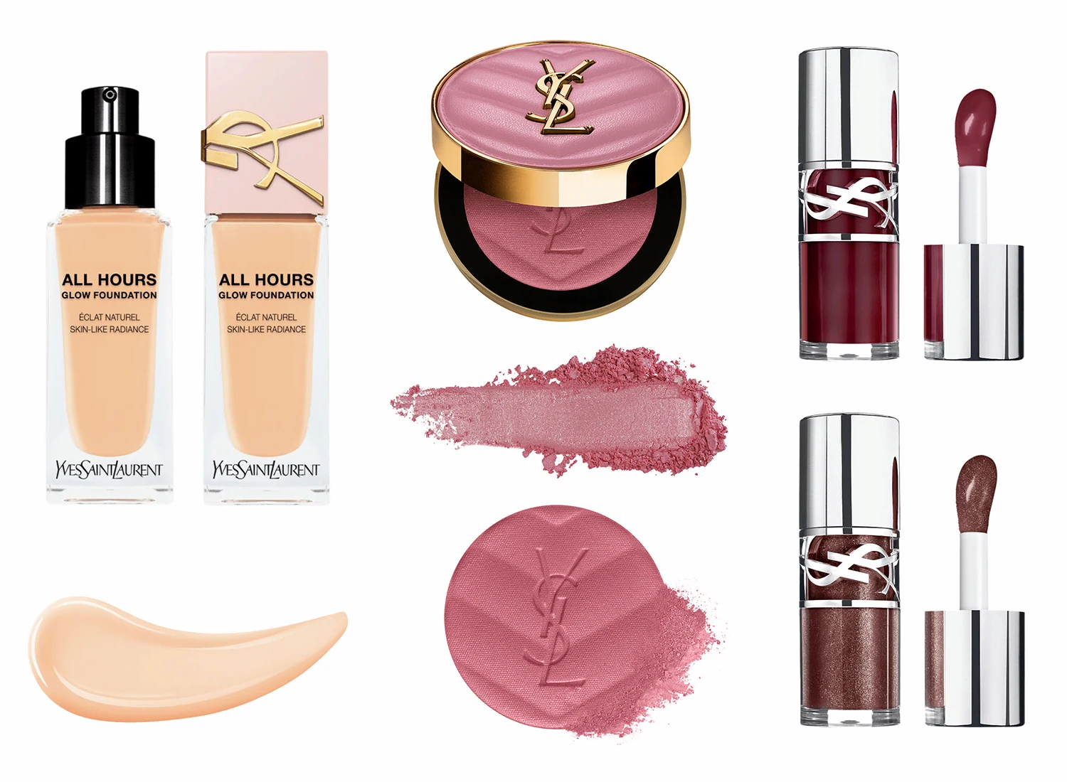 YSL Beauty packshot: All Hours foundation, pink cushion blush and Loveshine lip oils with their texture swatches